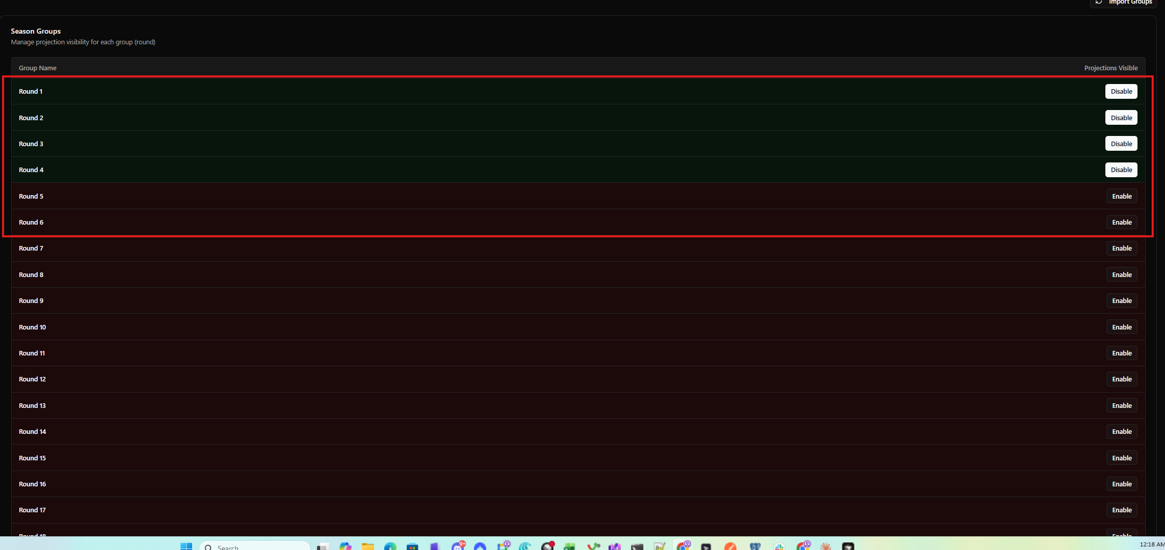 Season Groups table — Rounds 1-4 have a green background with "Disable" buttons (projections enabled), while Rounds 5-6 have a dark/red background with "Enable" buttons (projections disabled). Rounds 7-17 are also disabled.