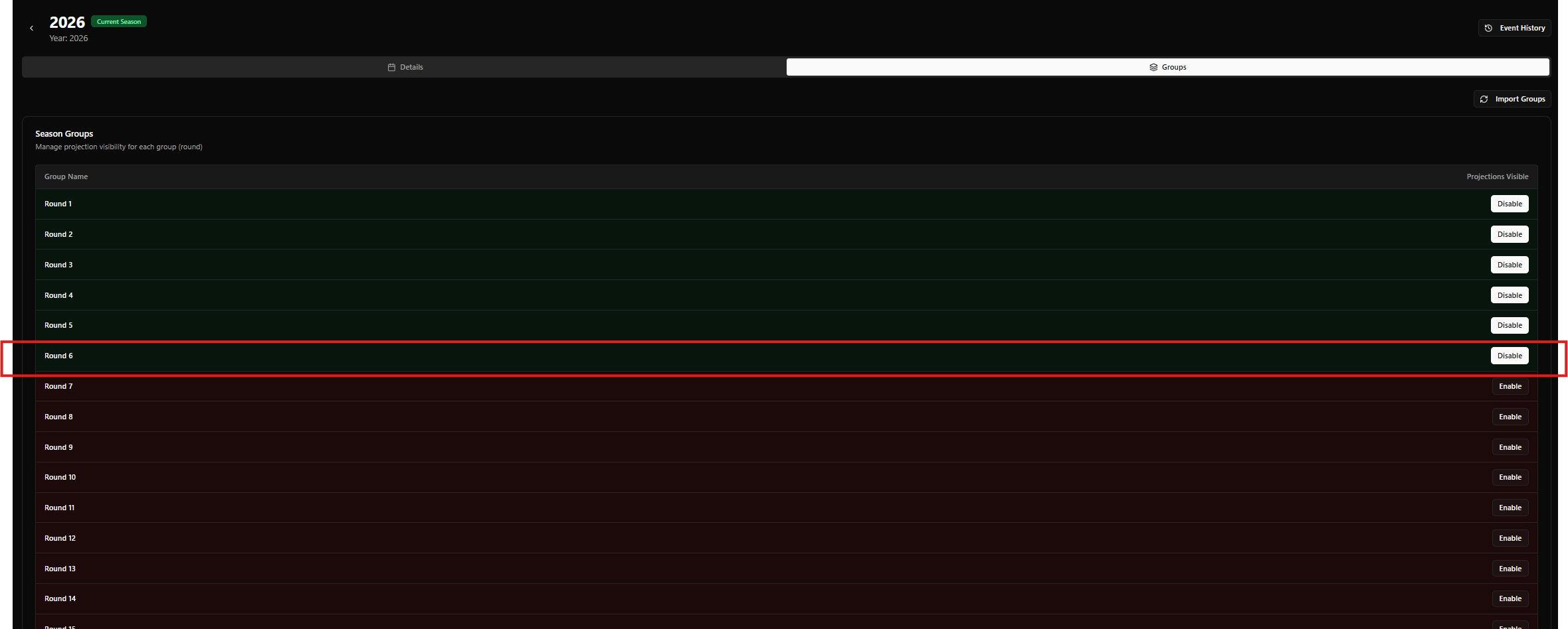 Season Groups tab showing Round 4 with projections enabled — the row has a green background and displays a "Disable" button, indicating projections are currently on for this round